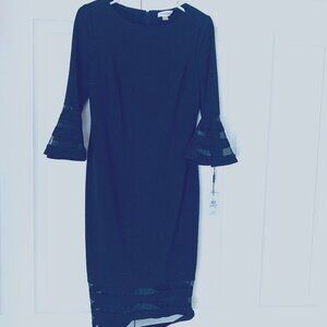 CALVIN KLEIN Black Sheath Dress Organza Bands Sleeve and Hem Sz 6